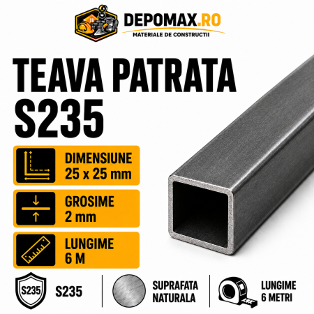 Teava patrata 25 x 25 x 2 mm, 6 metri